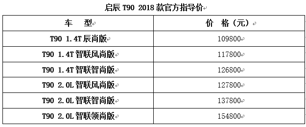 启辰T90 2018款官方指导价